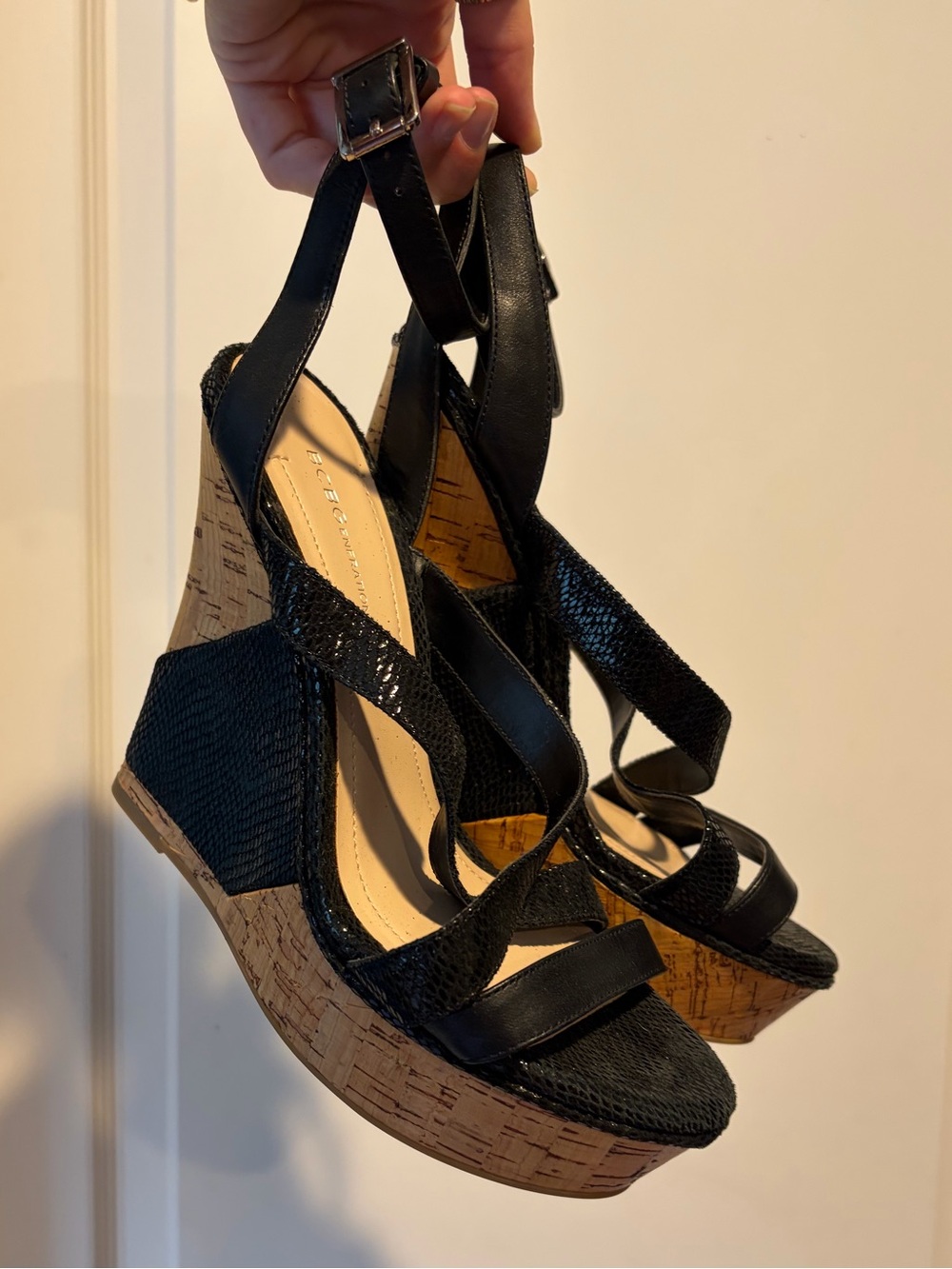 BCBG Black leather snakeskin wedges - Platform Cork Heels